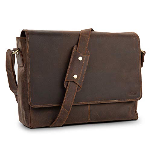 TALED Umhängetasche Leder für Herren Damen - Echtleder Laptoptasche 15.6 Zoll, Leder Aktentasche Messenger Bag, Vintage Ledertasche mit Schultergurt, Herrentasche Schultertasche, Lehrertasche,Braun von TALED