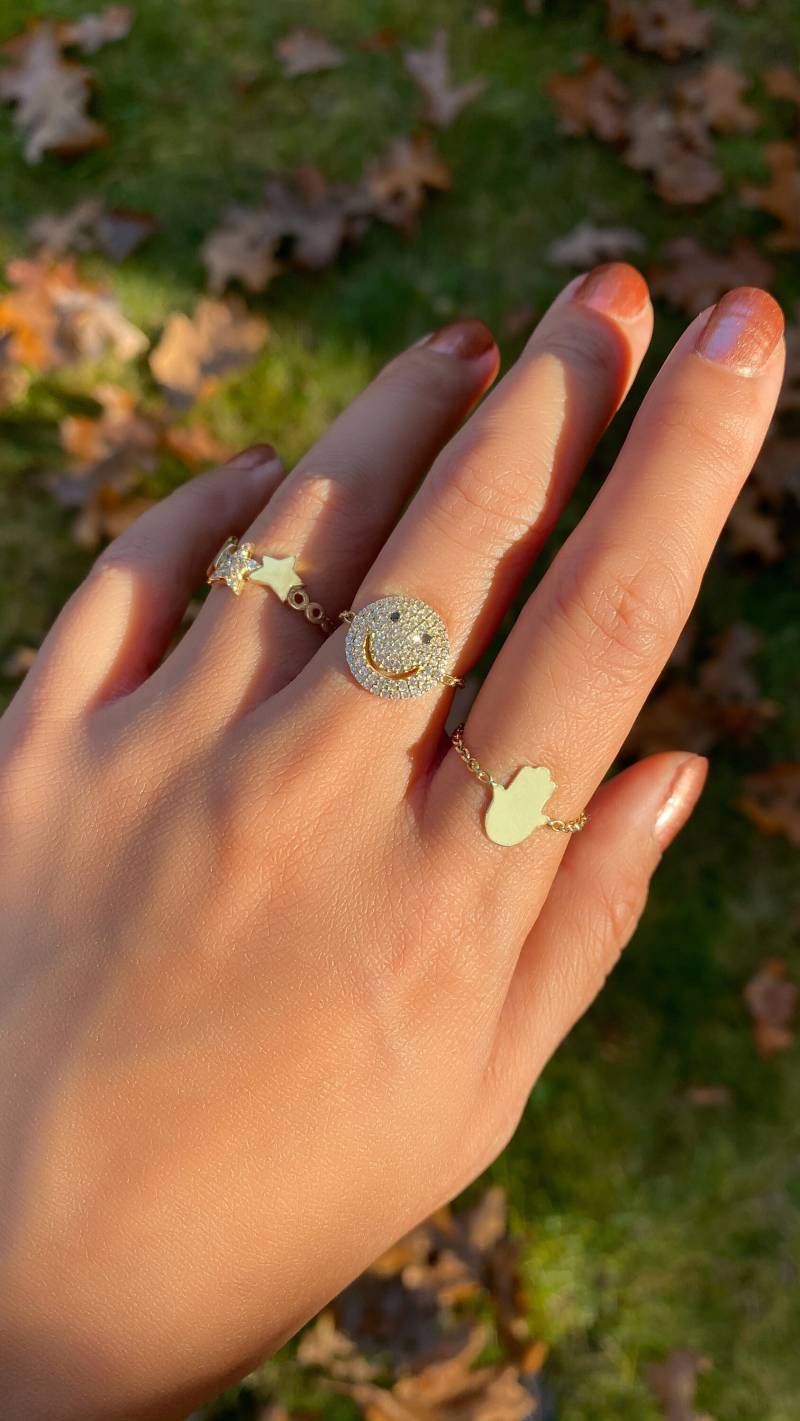 Spiegel Poliert Gold & Diamant Pavé Hamsa Fatima Hand Kette Ring, 14Kt Gelbgold, Viel Glück Charme von TALIANAOMIJEWELLERY