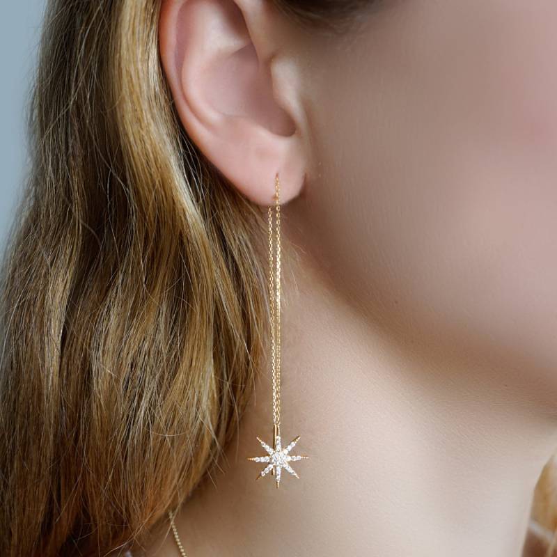 Supernova Star Chain Threader Ohrringe, 14Kt Gelbgold von TALIANAOMIJEWELLERY