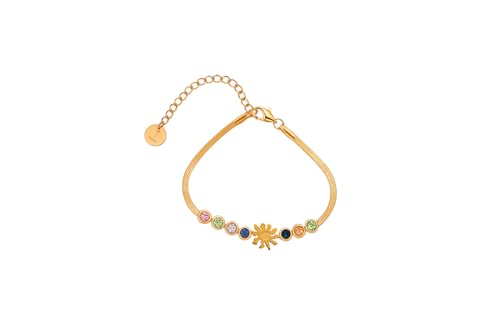 TALISMAN JEWELLERY Armband aus Stahl mit 18-karätigem PVD-Gold und mehrfarbigen Zirkoniasteinen – Eguzkilore baskische Blume (10 mm Stück / 15 cm Kette + 5 cm Verlängerung) von TALISMAN JEWELLERY