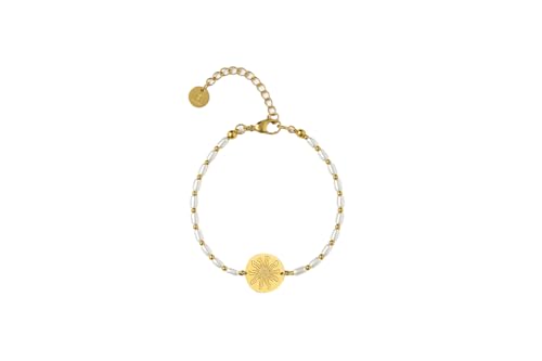 TALISMAN JEWELLERY Armband mit Perlen aus Stahl, vergoldet mit 18 Karat PVD - Eguzkilore baskische Blume (12 mm Stück / 15 cm Kette + 5 cm Verlängerung) von TALISMAN JEWELLERY