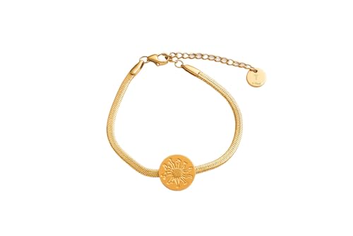 TALISMAN JEWELLERY Flaches Armband aus vergoldetem Stahl mit 18 Karat PVD - Eguzkilore baskische Blume (12 mm Stück / 15 cm Kette + 5 cm Verlängerung) von TALISMAN JEWELLERY