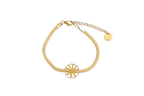 TALISMAN JEWELLERY Flaches Armband aus vergoldetem Stahl mit 18 Karat PVD - Eguzkilore baskische Blume (13 mm Stück / 15 cm Kette + 5 cm Verlängerung) von TALISMAN JEWELLERY