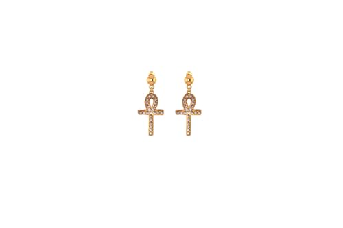 TALISMAN JEWELLERY Vergoldete Ohrringe 3 Mikron 18 kt und weiße Zirkoniasteine, Ankh-Kreuz des alten Ägypten (Verschluss mit Mutter in Tropfenform oder Haken), 11 MM x 18 MM + 8 MM, Gelbgold Gelbgold von TALISMAN JEWELLERY