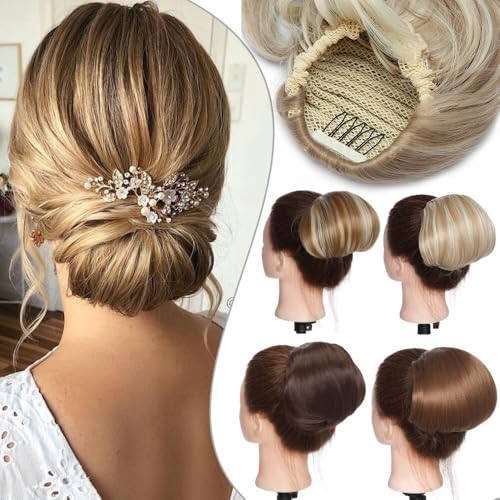 Messy Bun, Damen Kunsthaar Dutt Glatt Hochsteckfrisur Clip In Extensions,Dutt für Haare(Sandy Blonde+Bleach Blonde) von TALWHAH