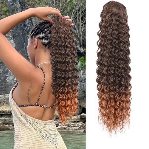 Pferdeschwanz, Damen Lange Synthetische Wrap Kordelzug Pferdeschwanz Verlängerung Afro Kinky Curly Stil(Brown+gold) von TALWHAH