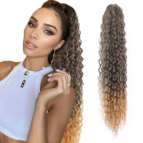 Pferdeschwanz, Damen Lange Synthetische Wrap Kordelzug Pferdeschwanz Verlängerung Afro Kinky Curly Stil(Chestnut+gold) von TALWHAH