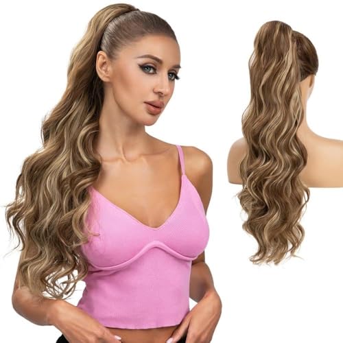 Pferdeschwanz, Lockige Wasserwellen-Pferdeschwanz-Perücke for Frauen, hitzebeständiges Kunsthaar(Brunette/Ash Blonde) von TALWHAH