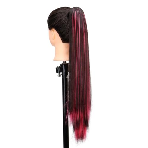Pferdeschwanz, Synthetische 24 Zoll Klauenclip-Pferdeschwanzverlängerung for Frauen, hochhitzebeständig, mit gemischten Highlights(Black+watermelon red) von TALWHAH