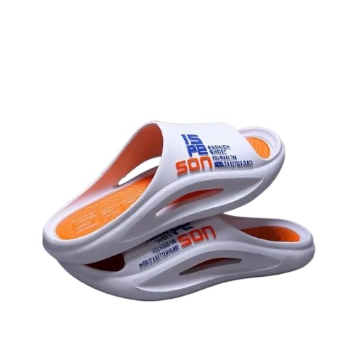 TALWHAH Hausschuhe Weiche Herren-Badezimmerpantoffeln mit dicker Sohle for mehr Komfort zu Hause für Damen, Herren(White and Orange,45 EU) von TALWHAH