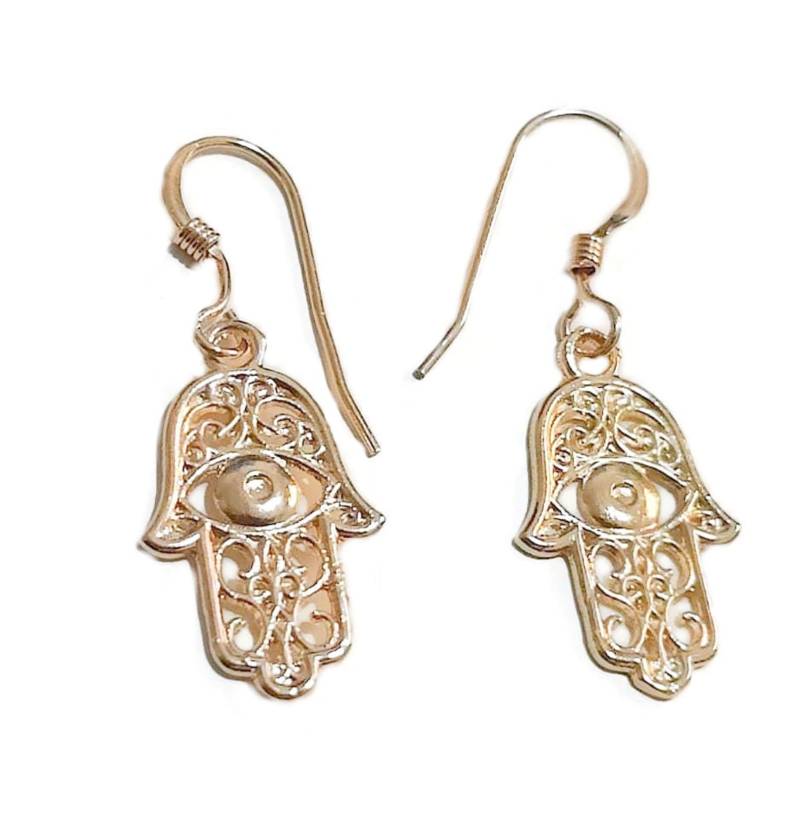Hamsa Ohrringe, Gold Evil Eye Schmuck, Filigrane Hand Der Fatima, Amulett Anhänger, Baumeln Symbol, Schutz Schmuck von TALYAJEWELRYDESIGN