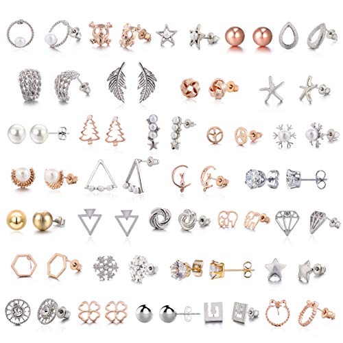 Damen-Ohrstecker-Set Edelstahl weiß rosévergoldet niedliche Tier-Katzen-Elefanten-Stern geometrische Zirkonia Kunstperle Schneeflocken Twise geometrisches Peace-Zeichen Symbol klein Statement Ohrsteck von TAMHOO