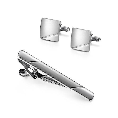 TAMSNDL Krawattenklammer Herren Business Krawattenklammer Manschettenknopf Set Silber Mattiert Kragen Clip Ärmel Nägel von TAMSNDL