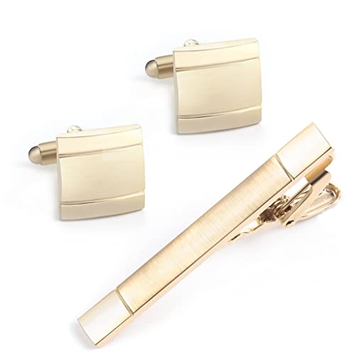 TAMSNDL Krawattenklammern Goldfarbene, glatt gebürstete Manschettenknöpfe aus Kupfer, französische Manschettenknöpfe, Krawattenklammer-Set von TAMSNDL