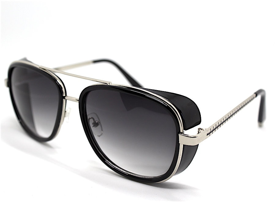 Aviator Sonnenbrille Quadratisch Herren Silber Matt Schwarz Pilot Mann Steampunk Cyberpunk von TAMUGNOSUNGLASSITALY