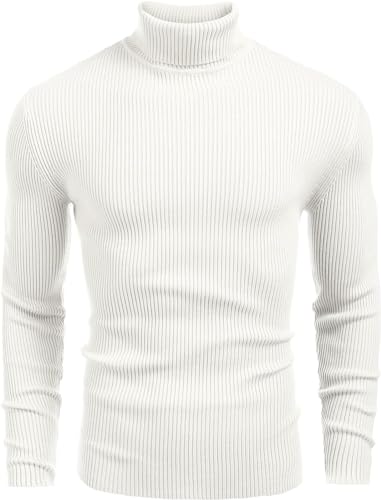 Herren High Neck Pullover Langarm Shirt Fein Strickpullover High Neck Casual Slim Fit Basic Herren Pullover(B. Weiß,M) von TAMUNI