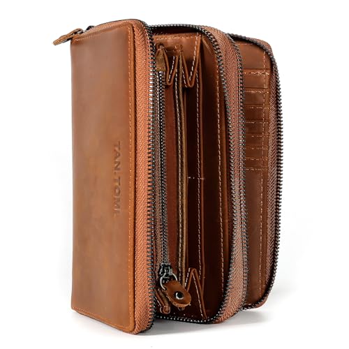TANTOMI Geldbörse Damen Leder, Echtes Leder Portemonnaie Damen Gross, Geldbeutel mit RFID Schutz Doppelten Reißverschlüssen und vielen Fächern Portmonee, Brieftasche, Damen-Geldbörsen. von TANTOMI