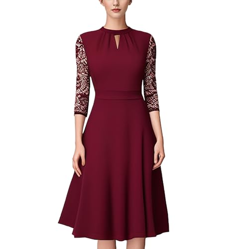 TANTOMI Cocktailkleid Damen Kleider Elegant Spitze, SchöNe Hochzeit Abendkleider Vintage Rockabilly Kleid Damen, Weinrot von TANTOMI