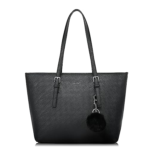 TAN.TOMI Handtasche Damen,Elegant Umhängetasche Tasche Damen, Schultertasche Damen,Shopper Damen Groß für Büro Schule Einkauf mit Kaninchen Pelz Kugel Plüsch Schlüsselring Schwarz von TAN.TOMI