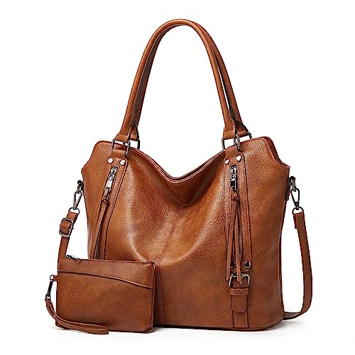 TANTOMI Handtasche Damen, Elegante Vintage Umhängetasche Groß, Weiche Schultertasche Set Damen Crossbody Shopper Tasche mit Abnehmbarem Schulterriemen, Braun von TANTOMI