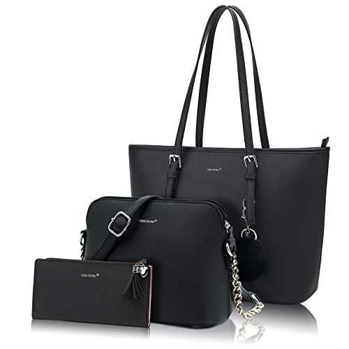 TAN.TOMI Handtasche Damen,Kleine Umhängetasche Damen,Tote Bag, Tasche Mittelgroß,Crossbody Bag,Handtaschen Damen Set Mit Quasten Geldbörse Damen und Pelz Kugel Plüsch Schlüsselring Schwarz von TAN.TOMI