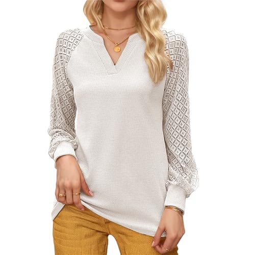 TANTOMI Blusen Damen Oberteile Elegant Bluse mit V-Ausschnitt Spitzenärmel Shirts Lässige Longbluse Langarm Oberteil Tops von TANTOMI