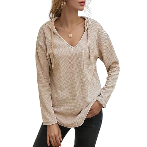 TANTOMI Pullover Damen Hoodie Langarm V Herbst Vielseitig Bequemes Langarm Kapuzenpullover Ausschnitt Kordelzug LäSsig Longshirt von TANTOMI