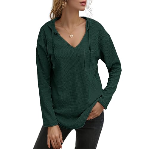 TANTOMI Pullover Damen Hoodie Langarm V Herbst Vielseitig Bequemes Langarm Kapuzenpullover Ausschnitt Kordelzug LäSsig Longshirt von TANTOMI