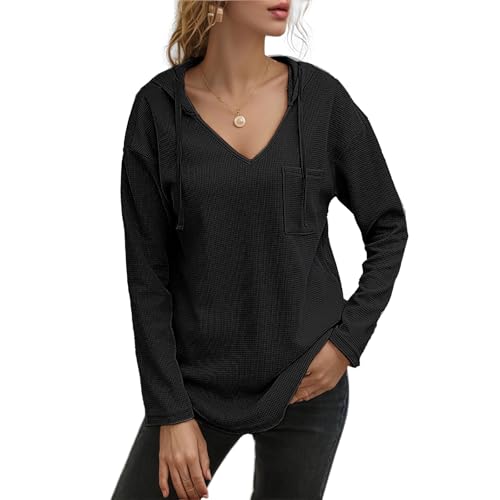TANTOMI Pullover Damen Hoodie Langarm V Herbst Vielseitig Bequemes Langarm Kapuzenpullover Ausschnitt Kordelzug LäSsig Longshirt von TANTOMI