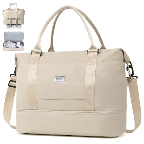 TANTOMI Reisetasche Handgepäck,Sporttasche Damen,46x23x32 cm,Handgepäck Tasche Weekender Bag wasserdichte Reisetasche Duffle Bag Trainingstasche Kliniktasche Geburt Geeignet Urlaub Camping，Beige von TANTOMI