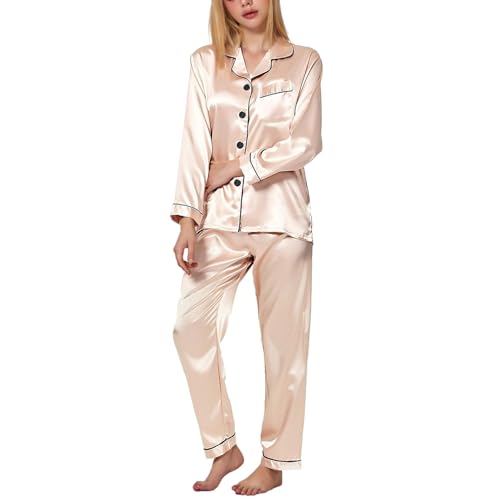 TANTOMI Schlafanzug Damen Satin, Pyjama Set Zweiteiliger Nachtwäsche Hausanzug mit Knopfleiste Kuschel V-Ausschnitt Langarm Satin Schlafanzug Damen von TANTOMI