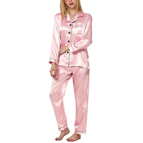 TANTOMI Schlafanzug Damen Satin, Pyjama Set Zweiteiliger Nachtwäsche Hausanzug mit Knopfleiste Kuschel V-Ausschnitt Langarm Satin Schlafanzug Damen von TANTOMI