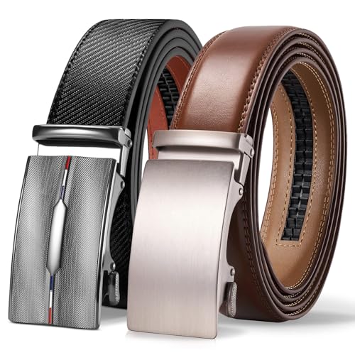 TANGCHAO 2 Stücke Gürtel Herren,Ledergürtel Ratsche Automatikschließe für Herren Business Anzug Jeans, 35mm Gürtel,Größe Einstellbar 23Schwarz+26Cognac 115cm von TANGCHAO