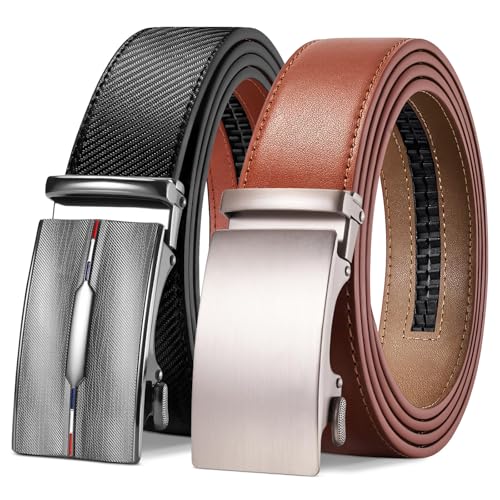 TANGCHAO 2 Stücke Gürtel Herren,Ledergürtel Ratsche Automatikschließe für Herren Business Anzug Jeans, 35mm Gürtel,Größe Einstellbar 24Braun+23Schwarz 115cm von TANGCHAO