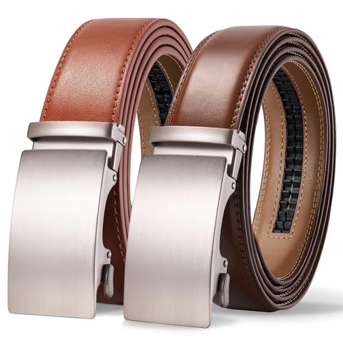 TANGCHAO 2 Stücke Gürtel Herren,Ledergürtel Ratsche Automatikschließe für Herren Business Anzug Jeans, 35mm Gürtel,Größe Einstellbar 24Braun+26Cognac 115cm von TANGCHAO