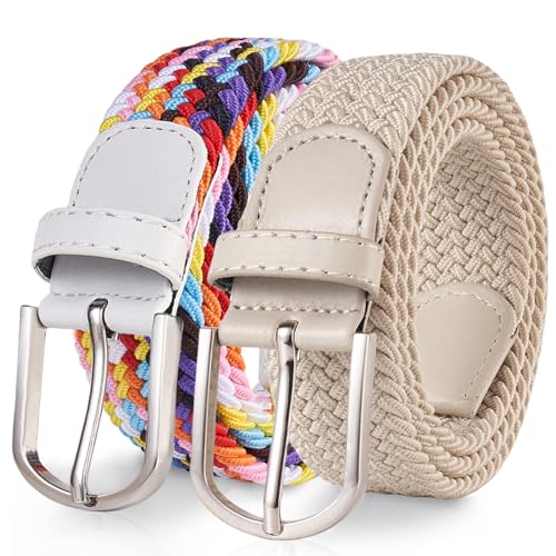 TANGCHAO 2 Stücke Stoffgürtel Stretchgürtel Elastik Flechtgürtel Geflochtener und Elastischer Dehnbarer Gürtel für Damen und Herren Breite 3.3cm Mehrfarbig+Beige 110cm von TANGCHAO