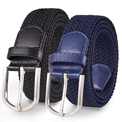 TANGCHAO 2 Stücke Stoffgürtel Stretchgürtel Elastik Flechtgürtel Geflochtener und Elastischer Dehnbarer Gürtel für Damen und Herren Breite 3.3cm Schwarz+Blau 100cm von TANGCHAO