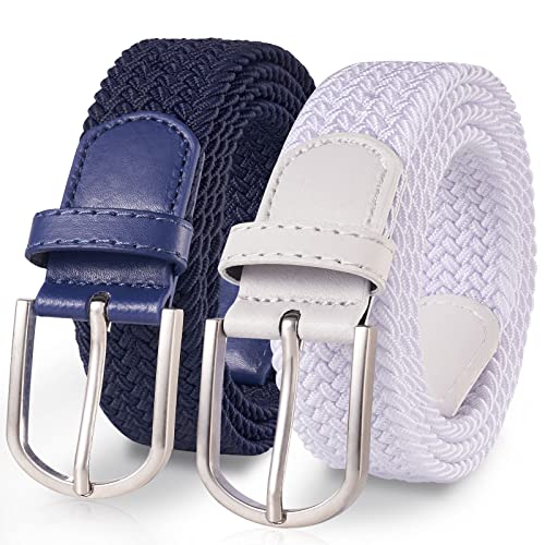 TANGCHAO 2 Stücke Stoffgürtel Stretchgürtel Elastik Flechtgürtel Geflochtener und Elastischer Dehnbarer Gürtel für Damen und Herren Breite 3.3cm Weiß+Blau 105cm von TANGCHAO