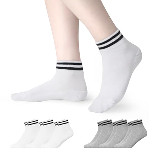 TANGCHAO 6 Paar Sneaker Socken Herren Damen Retro-Mittelknöchel SneakerSocken Knöchelhoch Sportsocken Kurzsocken Baumwolle Halbsocken, 3 Weiß - 3 Grau 35-38 von TANGCHAO