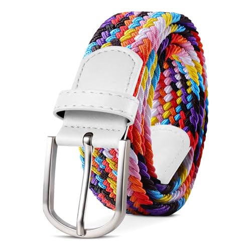 TANGCHAO Stoffgürtel Stretchgürtel Elastik Flechtgürtel Geflochtener und Elastischer Dehnbarer Gürtel für Damen und Herren Breite 3.3cm Regenbogen 120cm von TANGCHAO