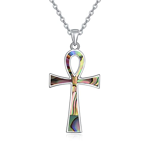 TANGPOET Ankh Kette 925 Sterling Silber Abalone Ankh Kreuz Anhänger Ägyptische Auge des Horus Halskette Schmuck Geschenk für Damen Frauen Mädchen von TANGPOET