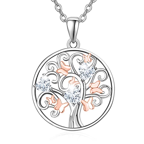 TANGPOET Lebensbaum Kette 925 Sterling Silber Schmetterling Baum des Lebens Anhänger Halskette Valentinstag Schmuck Geschenke für Damen Mädchen Frauen von TANGPOET