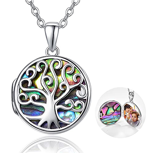 TANGPOET Lebensbaum Foto Medaillon 925 Sterling Silber Baum des Lebens Medaillons Anhänger Bilder Halskette mit Abalone Geschenk für Frauen Mädchen Familie von TANGPOET