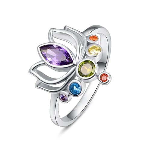 TANGPOET Chakra Ringe für Frauen 925 Sterling Silber Lotus Blume Yoga Ring, Inspirierender Daumenring, Schmuck Geschenke für Damen Mädchen Frauen, Größe 6# von TANGPOET