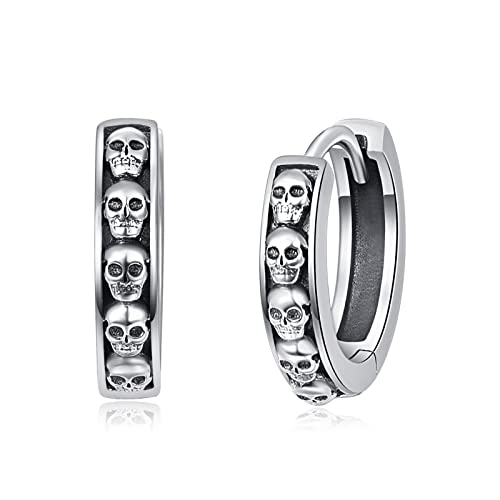 TANGPOET Creolen Ohrring 925 Sterling Silber Totenkopf Schläfer Ohrringe Kleine Scharnier Huggie Hoop Earrings Unisex Schwarz Schmuck Halloween Geschenke für Frauen Männer von TANGPOET