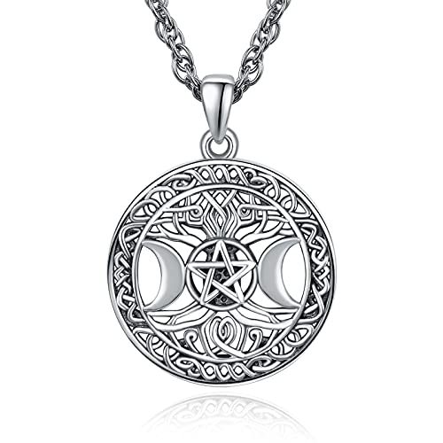 TANGPOET Dreifache Mond Halskette 925 Sterling Silber Baum des Lebens Anhänger Pentagramm Halskette Pagan Wicca Magie Amulett Halloween Gothic Schmuck Geschenke für Damen Herren(Silber) von TANGPOET
