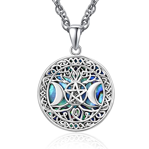 TANGPOET Dreifache Mond Halskette 925 Sterling Silber Baum des Lebens Anhänger Pentagramm Halskette Pagan Wicca Magie Amulett Halloween Gothic Schmuck Geschenke für Damen Herren von TANGPOET