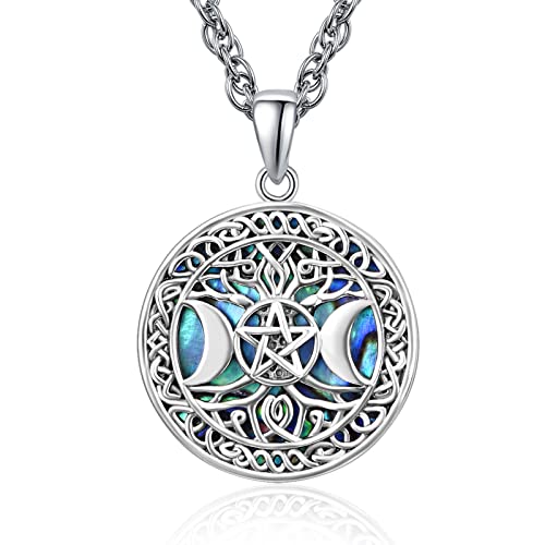 TANGPOET Dreifache Mond Halskette 925 Sterling Silber Baum des Lebens Anhänger Pentagramm Halskette Pagan Wicca Magie Amulett Halloween Gothic Schmuck Geschenke für Damen Herren(Abalone) von TANGPOET