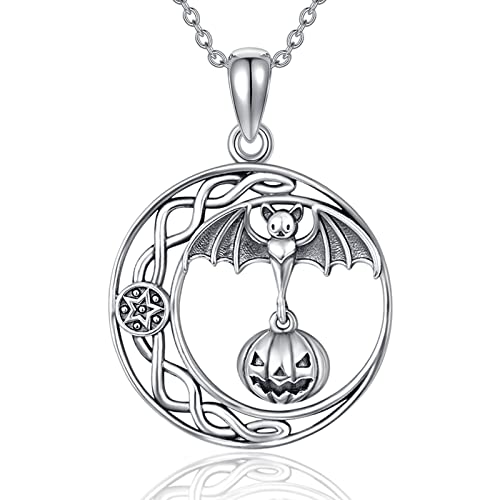 TANGPOET Fledermaus Halskette 925 Sterling Silber keltischen Knoten Fledermaus Anhänger Kürbis Kette Halloween Gotik Schmuck Geschenke für Damen Herren von TANGPOET