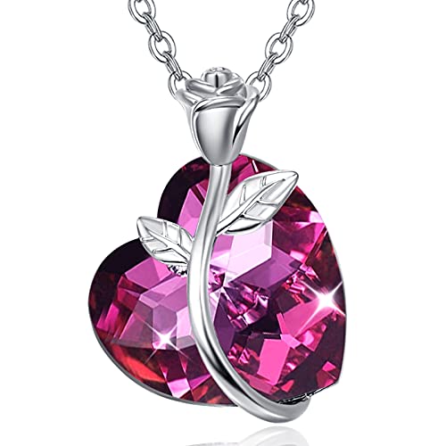 TANGPOET Kette Rote Kristall Herz 925 Sterling Silber Rose Blume Anhänger Herz Kristalle Halskette, Geburtstag Schmuck Geschenke für Frauen Damen Mädchen Freundin von TANGPOET